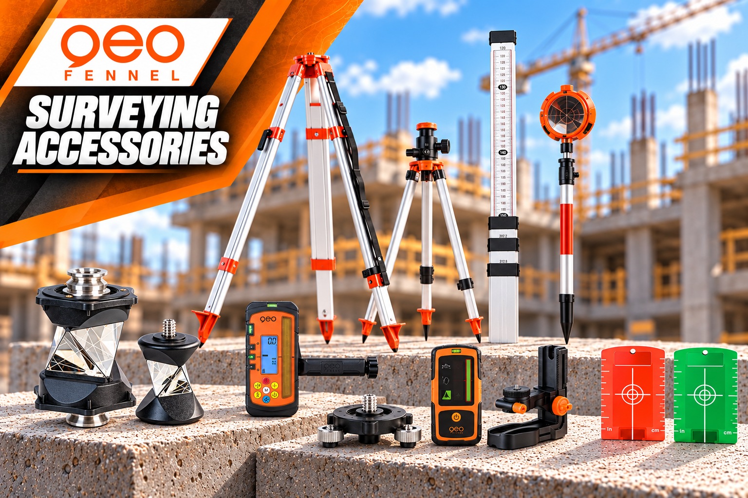 GEO FENNEL surveying accessories including tripods, levelling staff, prisms, laser receivers, wall mount and target plates