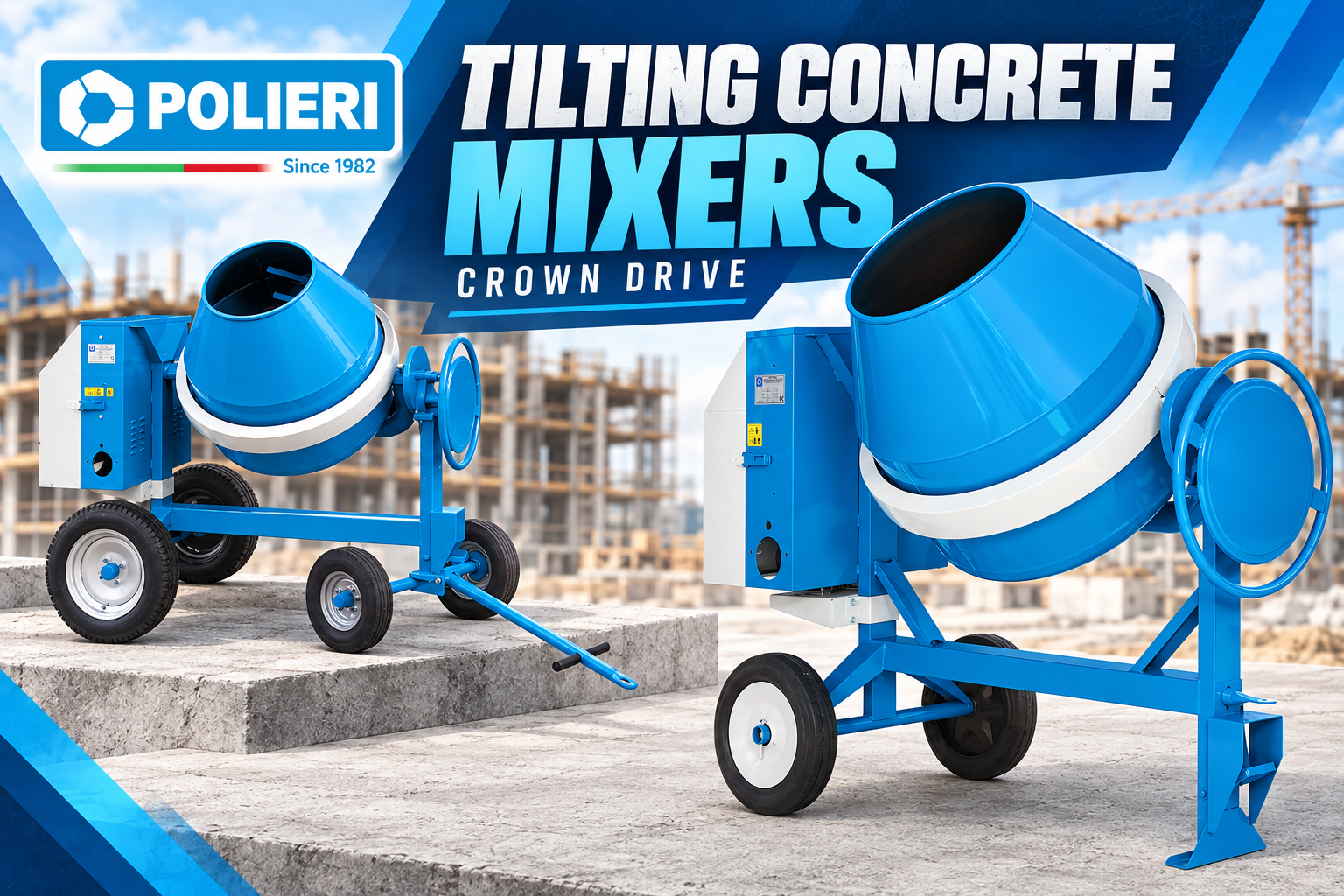 POLIERI crown drive tilting concrete mixers with two-wheel and four-wheel configurations