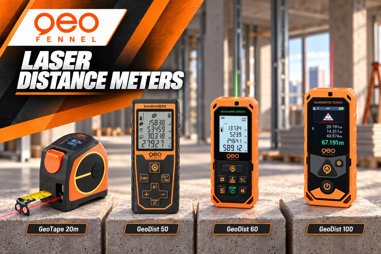 Geo Fennel GeoTape 20m, GeoDist 50, GeoDist 60 GREEN and GeoDist 100 TOUCH laser distance meters