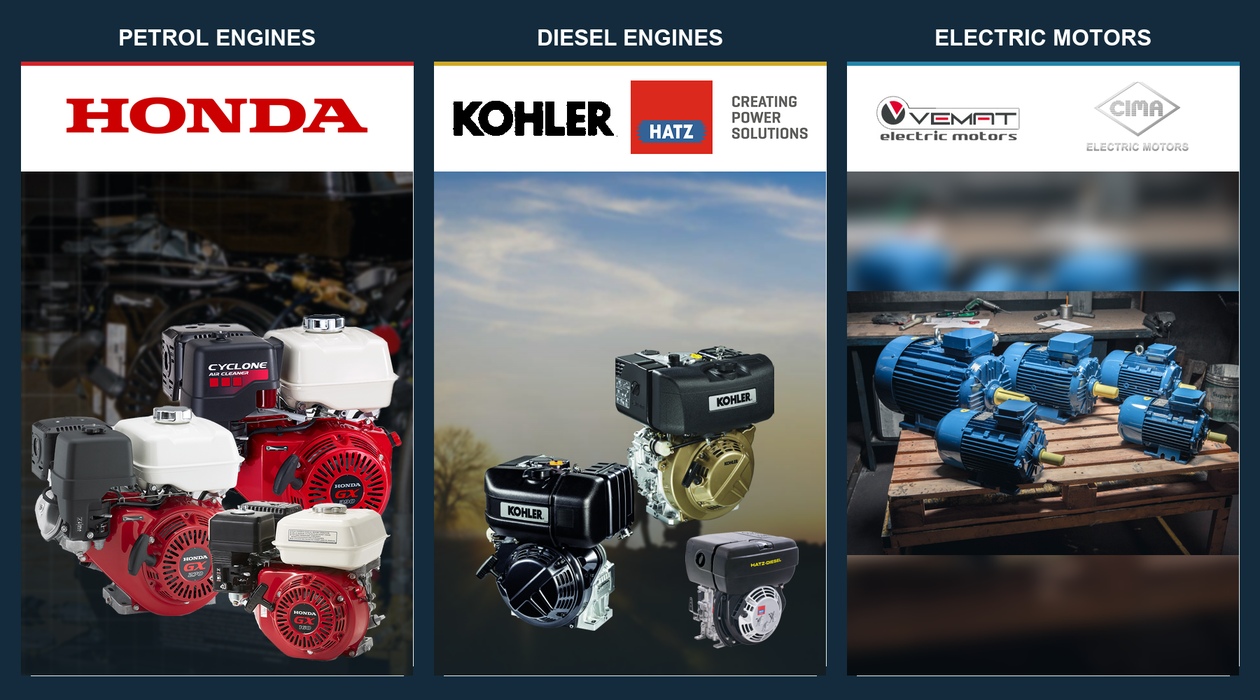 Standalone petrol, diesel and electric motors: Honda, Kohler, HATZ, VEMAT and CIMA