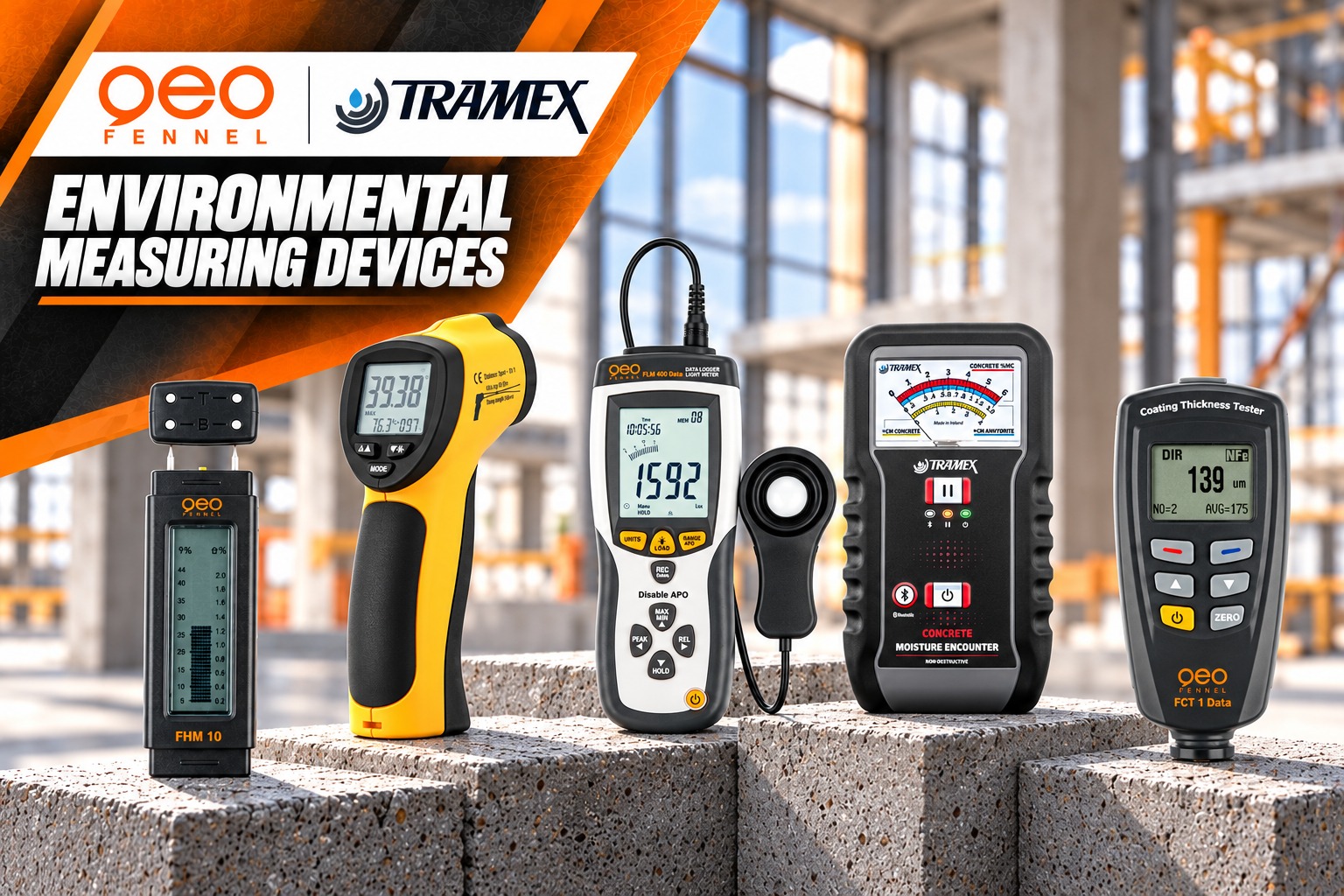 Geo Fennel environmental measuring instruments with Tramex CME5 moisture meter and FCT 1 Data coating thickness tester
