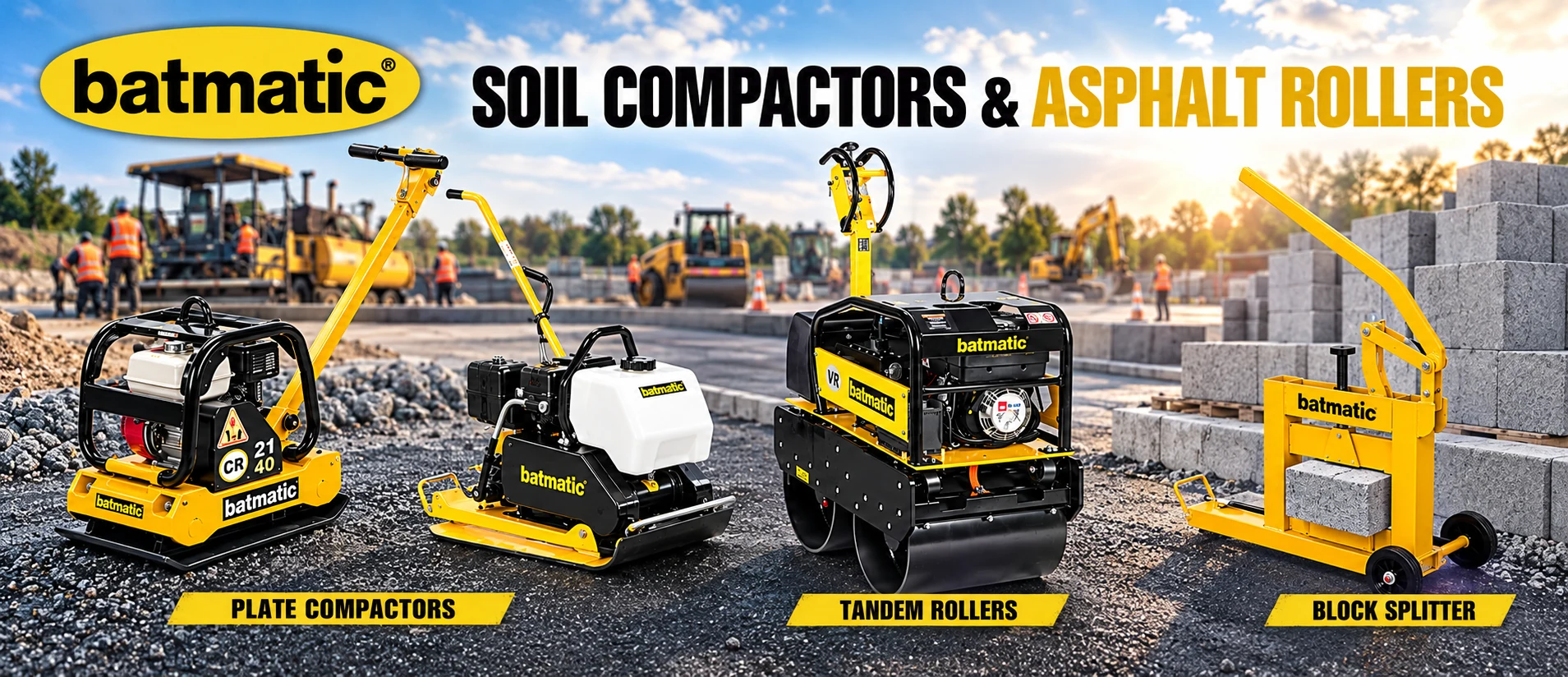 batmatic soil compactors and asphalt rollers, with reversible and forward plate compactors, a tandem roller and a block splitter