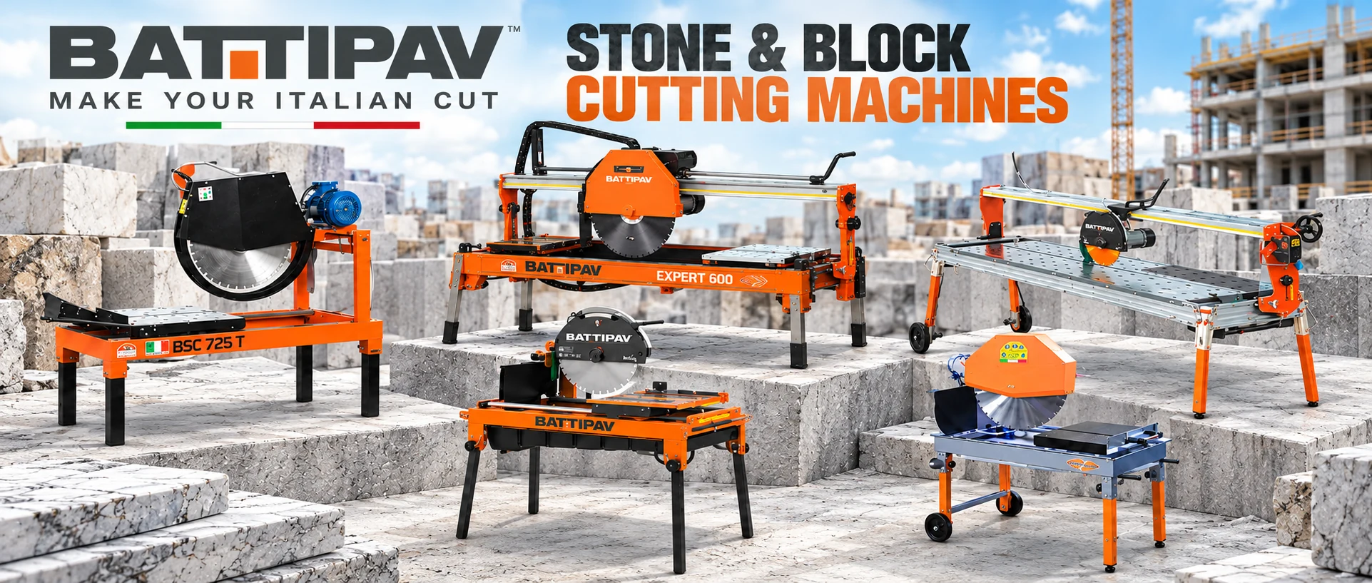 BATTIPAV stone and block cutting machines displayed with the BATTIPAV logo