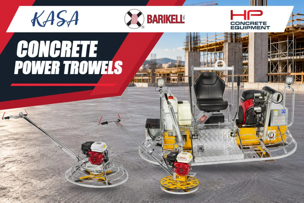 Concrete power trowels — KASA, BARIKELL and HP brands with Barikell 90 cm, Moskito 60 cm and ride-on concrete finishing equipment