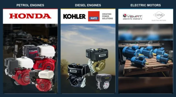 Standalone petrol, diesel and electric motors: Honda, Kohler, HATZ, VEMAT and CIMA