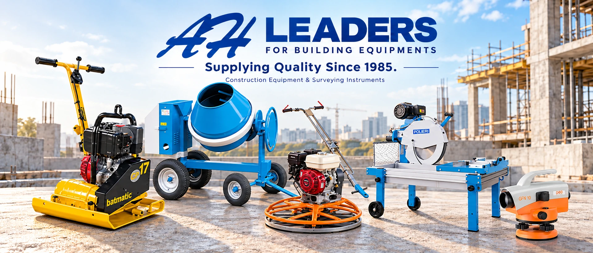 LEADERS FOR BUILDING EQUIPMENTS. Supplying Quality Since 1985. Construction equipment and surveying instruments, including the POLIERI MIX 350 4R four-wheel mixer.