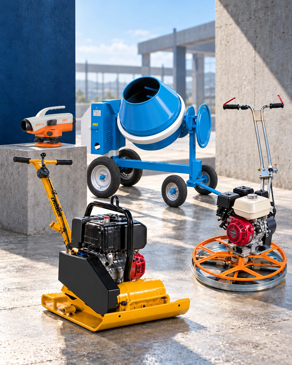 POLIERI MIX 350 4R four-wheel mixer, plate compactor, concrete power trowel and geo-FENNEL surveying instrument