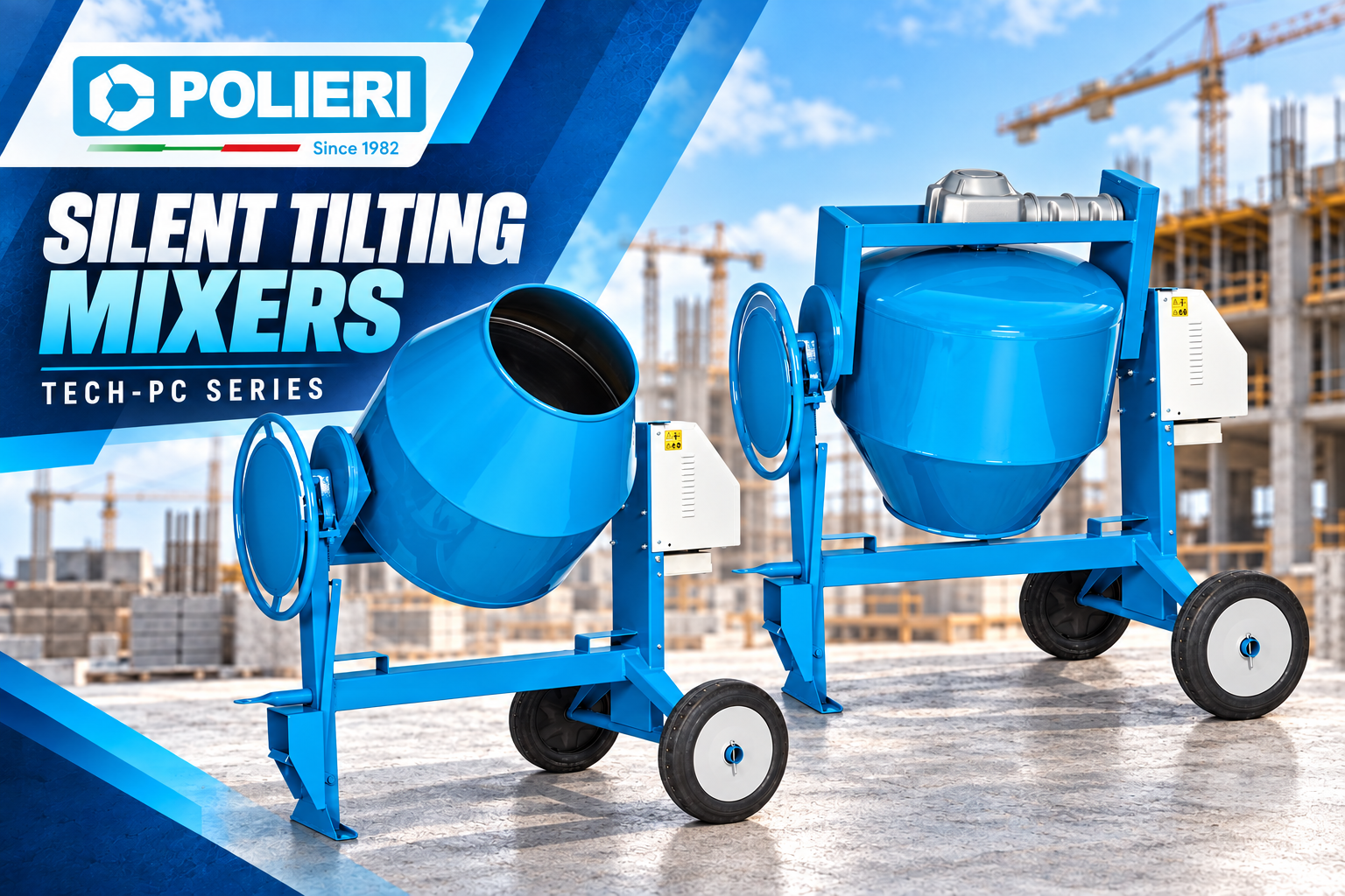 Two POLIERI TECH-PC series silent tilting concrete mixers on a construction site